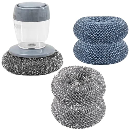 TIDTALEO Liquid Pressure Dish Cleaning Brush Set with Soap Dispenser, Kitchen Pot Scrub Brush with Steel Wool and Pet Scrubbing Balls for Household Sink Cleaning