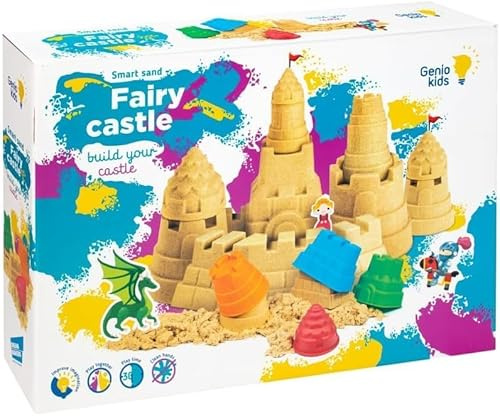Genio Kids Juego de Arena Mágica Natural para Niños - 1 kg de Arena Moldeable con Arenero y 4 Moldes de Castillo, Juguete Educativo y Sensorial, Regalo Ideal para Niños de 3 a 9 Años