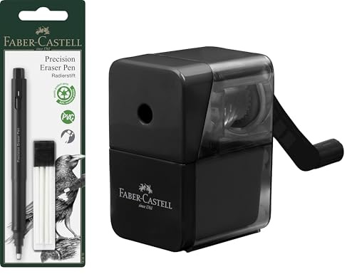 FABER-CASTELL 180984 - Anspitzer mit Kurbel, schwarz, Spitzmaschine mit hochwertigem Spitzermesser Set mit Radierstift (Spitzmaschine + Radierstift)