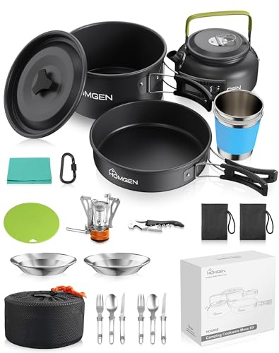 HOMGEN 21er Set Camping Kochset mit Mini Gaskocher, Ultraleichtes Outdoor Kochgeschirr Set für 1-2 Personen, Antihaft Camping Topf Pfanne Wasserkessel Geschirr Besteck für Camping Backpacking Picknick