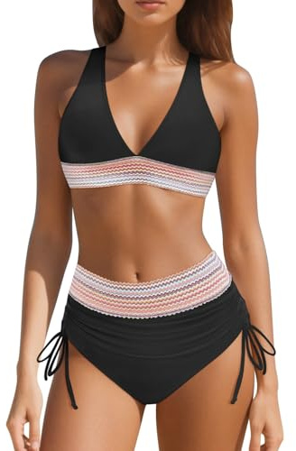 Maillot de Bain Femme Deux Pièces Haut Col V et Culotte avec Cordons Réglables sur Le Côté Bande Imprimée Bikini Vêtement Baignade Natation Plage Vacances Été Tissu Extensible Doux