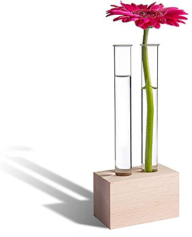 Tuuters Reagenzglas Vase aus Holz für Blumen, 2 Gläser mit Korken, Deko | Reagenzglashalter aus Buche: Schmale Reagenzgläser mit Ständer, Halterung für Glücksbambus, Pflanzen Stecklinge Anzucht