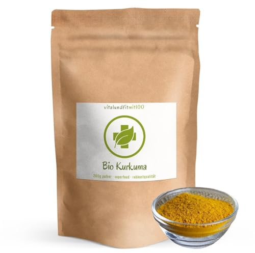 vitalundfitmit100 Bio Kurkuma Pulver 200 g – Rohkostqualität, Superfood, vegan