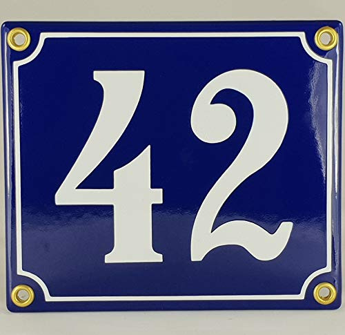 Emaille Schild Hausnummer 42 Blau-Weiß Handarbeit