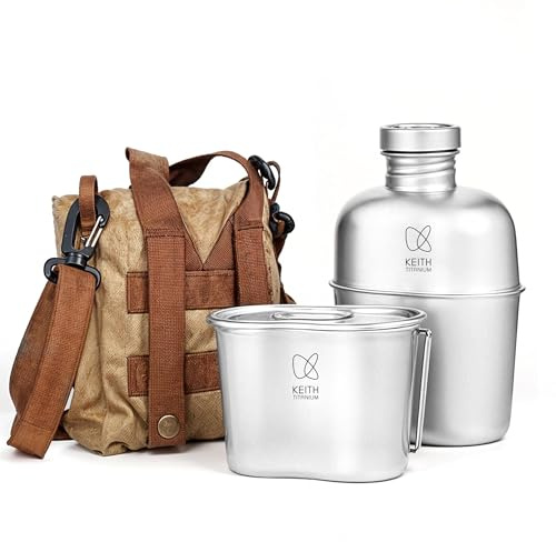 Keith Titanium Camping Geschirr-Set, Ti3060 1100ml Portable Army Titan Militärflasche Mit 700ml Camping-Topf mit Deckel (faltbare Griffe für einfaches Manövrieren), Ideal für Wandern, Camping