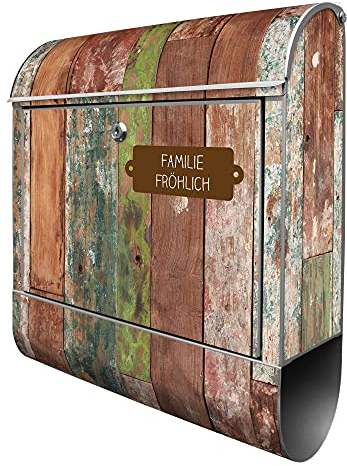 banjado Design Briefkasten personalisiert 38,5x46,5x13cm & 2 Schlüssel - Briefkasten Stahl Silber Zeitungsfach pulverbeschichtet - Postkasten A4 Einwurf inkl. Montagematerial - Motiv Buntes Holz