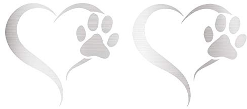 2er Set Aufkleber Pfote und Herz 10x11cm Hund Katze Sticker für Auto Motorrad Wand Laptop Möbel Pfotensticker Hundepfote selbstklebend (K017 Silber)