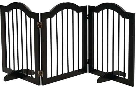 PawHut Freestanding Dog Gate with Support Feet for Doorway Black | Wooden Stair Gate for Dogs, Foldable Pet Fence Safety Barrier, House, Stairs