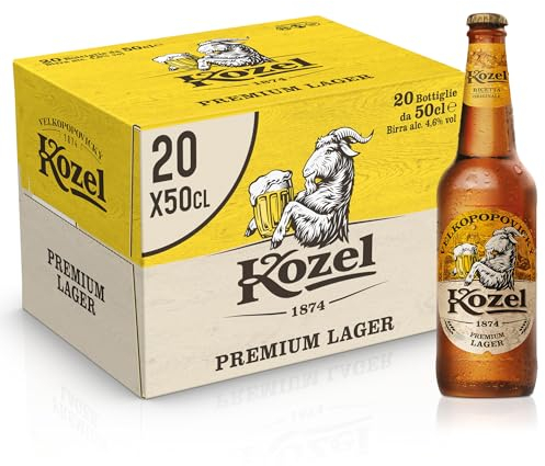 Kozel Birra Premium Lager, Cassa Birra con 20 Birre in Bottiglia da 50 cl, 10 L, Pale Lager dal Gusto Ricco e Bilanciato, Gradazione Alcolica 4.6% Vol