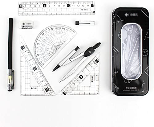 MEGAUK Geometrie Set mit Zirkel Mathematik-Set Schreibwaren-Set für Kinder Schule Uni, gerades Lineal Stellwinkel Dreieck Winkelmesser in stabiler Metallbox, Schwarz
