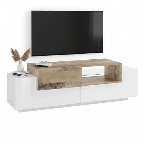 Dmora - Meuble TV Pablo, Buffet bas de salon, Base pour meuble TV, 100% Made in Italy, 160x45h51 cm, Blanc brillant et Érable