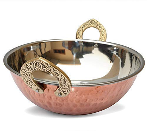 OSNICA 1 Pieces Indian Copper Serveware Karahi Vegetable Dinner Bowl with Solid Brass Handle for Indian Food Serving Bowls for Cereal, Soup, Cooked Food Party Serve Ware, Steel Handi (15 CM (500 ML))