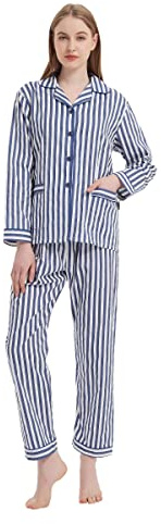 GLOBAL Conjuntos de Pijama para Mujer Algodón Ropa Dormir Manga Larga Estar en Casa Botones y Bolsillos Comodo Rayas Azul Oscuro 3XL