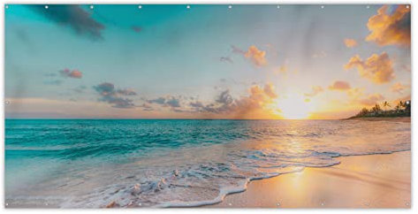 MuchoWow® Balkon Sichtschutz Sichtschutzmatte Balkonbanner Abdeckung für Terrasse Balkon Windschutz Blickdicht Wetterfest 300x130 cm Sonnenuntergang - Strand - Meer - Sommer - Blau