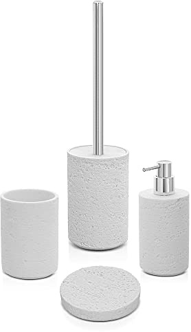 Inbagno Set Bagno Accessori Completo – 4 Pezzi, Kit Accessori appoggio Effetto Pietra Bianco, Include Dispenser, portaspazzolini, portasapone e scopino WC, (Set Completo)