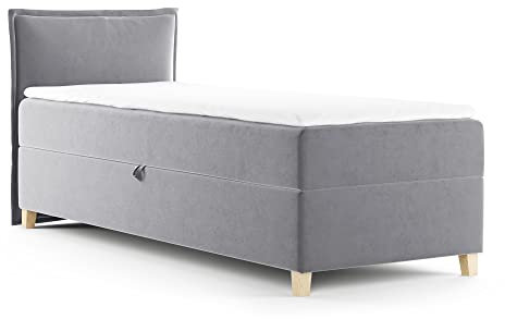 Sofnet Boxspringbett Fren Mini mit Bettkasten - Einzelbett mit Bonell-Matratze und Topper, Polsterbett mit Holzfüße, Bett, Schlafzimmer, Kinderzimmer (Grau (Paros 05), 100 x 200 cm)