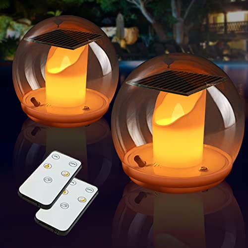 Teichbeleuchtung Solar Schwimmend, LED Teelichter mit Fernbedienung 3 Modi, Flammenlicht Solar Outdoor Beleuchtung, LED Kerzen Flackernde Flamme Im Glas, Solarlampen Deko Garten Pool Zubehör (2 Stück)