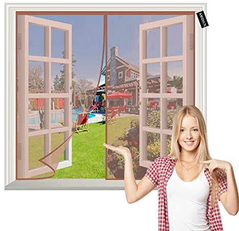 Magnétique Moustiquaire 95x70cm Anti Insectes Moustiquaire Fenetre Enroulable Facile à Installer sans Perçage, pour Couloirs Portes Patio Brun