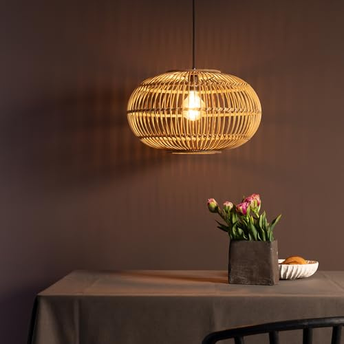 Lightbox Hängelampe im Boho Stil | 151 cm Höhe, Ø 45 cm | dimmbare & höhenverstellbare Pendelleuchte mit Bambus Schirm | E27 Fassung | aus Bambus/Metall in Schwarz matt/Rattanfarben