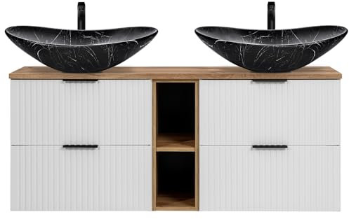 Lomadox Waschtisch 142cm mit 2 Aufsatzbecken, weiß mit Eiche Nb., Front gerillt, Keramikwaschbecken schwarz marmoriert