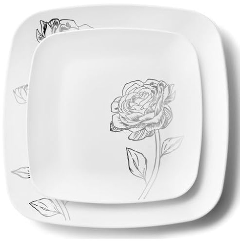 Decorline 32 Assiettes Carré Élégantes en Plastique Solide Dur Réutilisables | Motif Blanches et Fleurs Bordeaux | 2 tailles - assiette plate 25cm & dessert 18cm, 16 pièces chacune | Blanc/Argent
