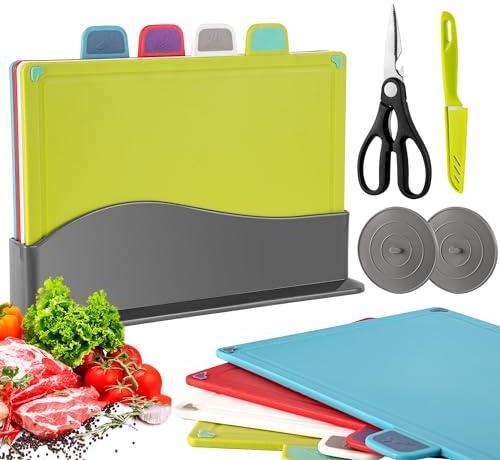 Plastic Chopping Board Set of 4 | Color Coded Cutting Boards Set with Stand, Non-Slip Design, Food Icons & a Pair of Scissors, 2 Sink Plug and a Fruit Knife