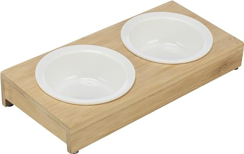 TRIXIE Futterstation aus Keramik, Bambus 2 x 0, 25 l, Ø 12 cm, 30 x 5 x 14 cm