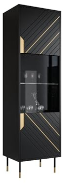 Mirjan24 Standvitrine Murni 54, Vitrine, Metallfüße, goldlackierte Elemente, B:54 x H:180 T:40 cm Vitrinenschrank, Glasvitrine, Wohnzimmer Schrank mit Fächern, Hochschrank (Schwarz/Schwarz + Gold)