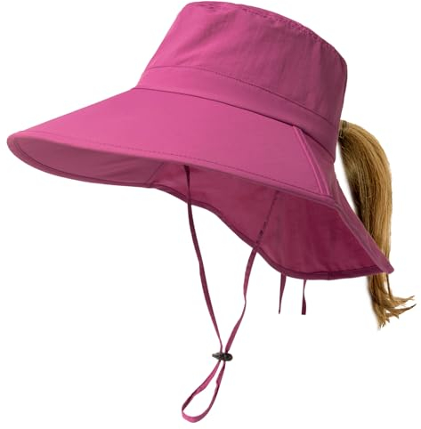 TOP-EX XL/XXL Damen Sonnenhut Pferdeschwanz UV Schutz Faltbar Wasserdicht Outdoor Hut mit Nackenschutz Breite Krempe Sommer Fischerhut Safari Wanderhut Trekking 94601_Lila Rot M/L