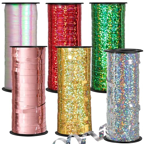 549 Meter/600 Yards Geschenkband Set, 5mm Ringelband Weihnachten Geschenkband Glitzer Ballonband Dekoband für Geschenkverpackung Ballonverschlüsse Basteln Deko Geburtstag (6 Rollen, Bunt)