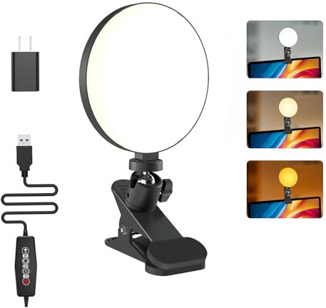 Mojimdo Luce per videoregistrazione, 3 colori e 5 luminosità Clip luce video su monitor desktop, impostazione timer con spina USB Luce webcam per riunioni, videochiamate-Adattore incluso