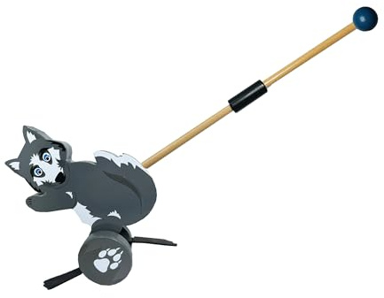 Push-A-Long Pets - Lupo di Deluxebase. Giocattolo da spingere con lupo per bambini. Giocattolo ecologico in legno da spingere e tirare lungo giocattoli. Ottimo sviluppo precoce e attività giocattoli e