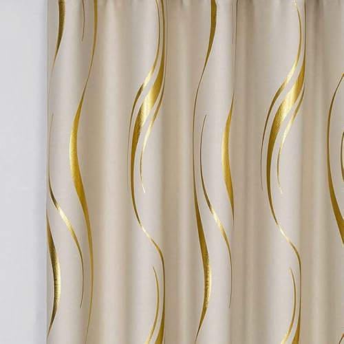 MYRU 1 Pair Pencil Pleat Luxury Striped Blackout Curtains for Bedroom Living Room (Beige and Gold,66x90 Inch)