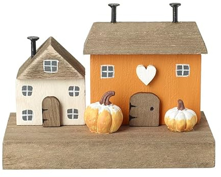 Heaven Sends Case autunnali in legno con zucche, color crema/arancione, 10 cm x 7 cm x 6 cm, decorazione autunnale, decorazione a tema Halloween, perfetta per casa, cucina, soggiorno, tavolo