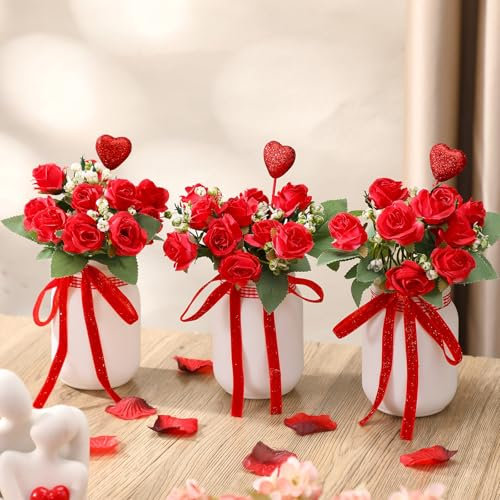 Knitgrip 3 Pcs Valentine's Day Table Centerpiece Mason Jar Table Decor Set Farmhouse Decoration Themed Glass Vases with Faux Plants Artificial Red Rose for Rustic Housewarming Valentine Gifts Ideas
