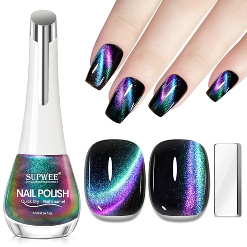 SUPWEE Cat Eye Nail Polish No Gel, 16ML Chameleon Cat Eye Nails Varnish with Magnet Oil Base Quick Dry Holographic Magnetic Nail Polish for Nails Art Manicure No Need UV Curing