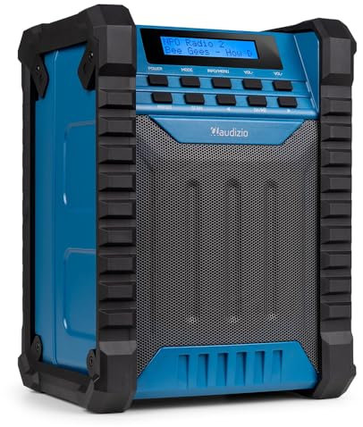 Audizio Temi DAB Site Radio with DAB+, FM, Bluetooth & Rechargeable Battery – Portable IP54 Weatherproof Work Site Radio, 40 Presets, DSP Sound, 8hr Battery Life, USB Charging (Black/Blue)