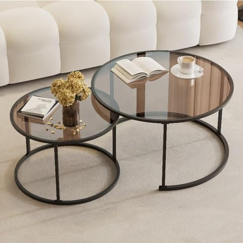 Moderne Satztische, 2er-Set, stilvolle stapelbare Sofa-Beistelltische mit Tischplatte aus gehärtetem Glas und stabilem Metallrahmen, runder Couchtisch für platzsparende schwarze Teetische, 60 + 45 cm