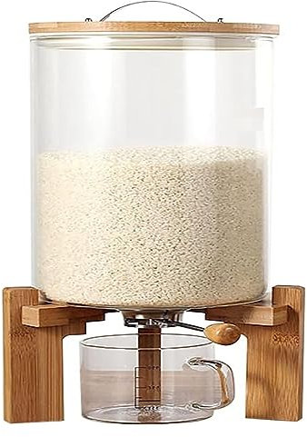 Reisspender aus Glas, Mehl, Müslibehälter mit luftdichtem Deckel und Holzständer, 7,5 l Fassungsvermögen, für Küchenorganisation und Speisekammer