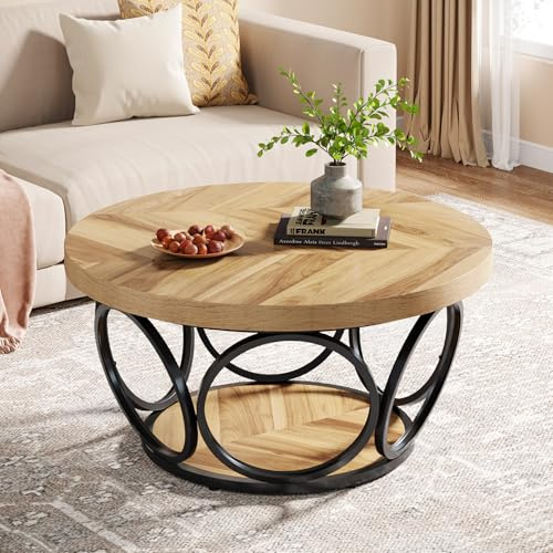 Tribesigns Table Basse Ronde 2 Niveaux, Table de Salon Bois 80 cm, Structure en métal, T-Able Ronde Bois, Plateau Épaissi, Facile à Monter Industriel (Grain du Bois)