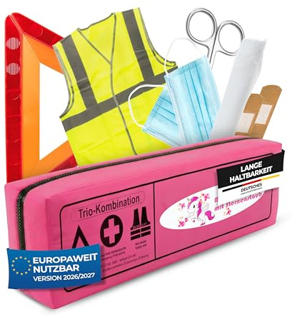 Thomatex® KFZ Kombitasche (3in1) 2026/2027 [DIN 13164-2022] – Lange Haltbarkeit – Erste-Hilfe-Set mit Warndreieck & Warnweste – Pink mit Einhorn-Motiv
