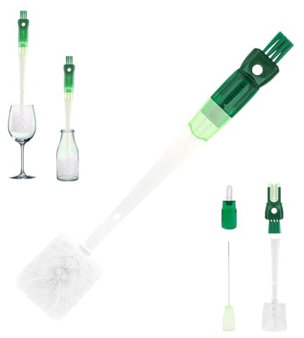 Brosse à bouteille 5 en 1 - Longue brosse avec 5 têtes de brosse - Brosse de nettoyage pour bouteille en verre, bouteille de vin, bouteille isotherme