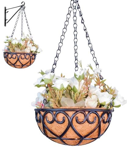 Cestini da appendere da giardino, rivestimento in cocco per cesti appesi, cesto rotondo da appendere, fioriera rotonda in metallo, cesto appeso, per interni ed esterni, giardino, balcone