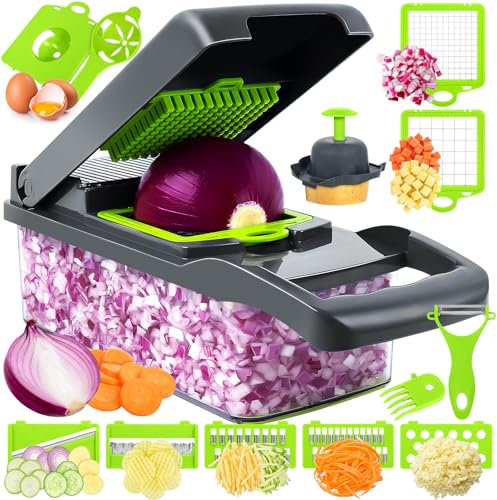 CIRULLI Cortador de verdura 16 en 1,Cortadors manual de verduras, ayuda de cocina todo en uno con recipiente,Cortador de cebolla, picador de verduras para cortar en cubos,rebanar,mandolina de cocina