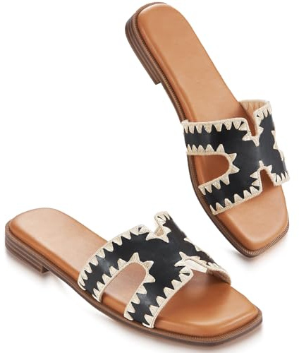 KENMITDY Womens Sandals Slip On Fashion Flat Sandals Soft Memory Foam Slides Comfortable Leather Open Toe Slide For Summer Dressy 2026 Size 11