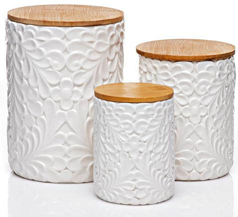 Engraved Design Kitchen Canisters Set of 3 with 74 Oz, 36 Oz, and 18 Oz - White Storage Jars for Countertop with Airtight Bamboo Lids - Large Flour Tea Coffee Sugar Spices Container - Decorative