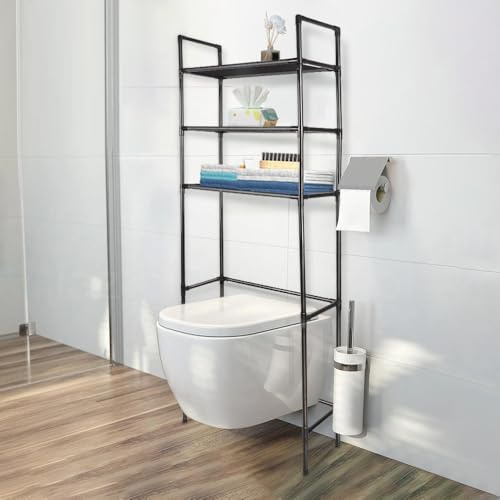 HUOLE Topp toalettskåp 3 hyllor industriell design, toaletthylla, badrumshylla, platsbesparande, lätt att montera, för tvättstuga, industriell stil - 161 x 46 x 24 cm - svart