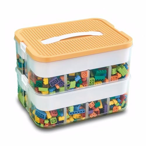Kongming Lego Aufbewahrungsbox stapelbar Kunststoff 30,5×23×23 cm Gelb | Spielzeugkiste PP‑ABS Kunststoffbox mit abnehmbarem Trennwänden Tragegriff Staubdicht stapelbar für Lego und Spielzeug