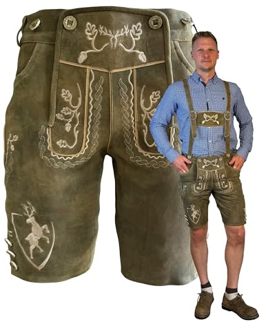 Krist und König Lederhose Herren Wildbock - inkl. Hosenträger, feinstes Wildbockleder, Trachtenlederhose, Oktoberfest Herren Outfit, einmaliges Preis-Leistungs-Verhältnis, Größe 50, olivefarben