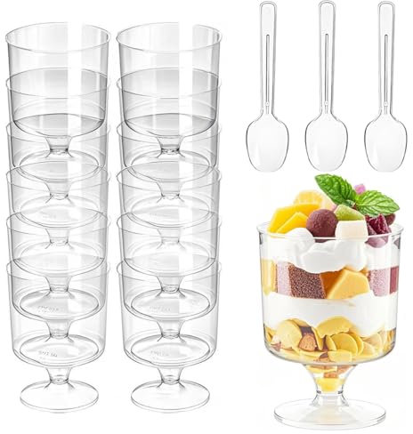 LJYING 50Pcs 150ml/5.3oz Dessert Cups & Bowls with Spoons - Reusable Hard Plastic Round Cheesecake Pots - Clear Serving Bowls for Parfait, Pudding, Mousse, Trifles, Appetizers, Parties (150ml/5.3oz)